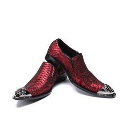 Italy New Fashion Men Leather Shoes Pointed Metal Toe Snakeskin Leather Red Men Wedding Dress Shoes Business and Party