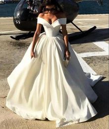 White Simple Prom Dresses V Neck Off Shoulder Short Sleeves A Line Formal Evening Dresses Ruffles Sweep Train Zipper Back Custom Made Gowns