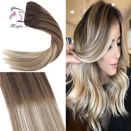 Clip in Hair Extension Human Hair Ombre #4 Dark Brown Mix #6 Medium Brown Fading to #22 Medium Blonde Full Head 7pcs/120g