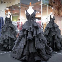 Top Quality Black Gothic Wedding Dresses 2018 V Neck Backless Heavy Beading Bodice Cascading Ruffles Puffy Skirt Arabic Bridal Gowns