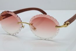 Vintage Rimless Gold Wood Trimming Lens Round Sunglasses New T8200761 Carved Lens outdoors driving glasses Designer Mens Women