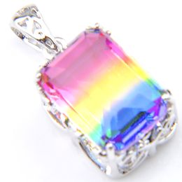 12 pcs lot For Women Rectangle Gradient Rainbow Bi-Colored Tourmaline Gift 925 sterling Silver Necklace Pendants Jewelry 10 14 mm328W