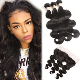 Indian Human Hair Wefts With Closure 3 Bundles With 13X4 Lace Frontal Body Wave Mink Hair Extensions With 13 By 4 Frontal Pre Plucked 8-30"