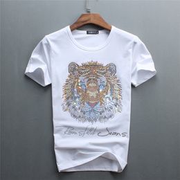 2021 Diamonds Top Quality Men's Size 2XL White Color Short T-shirts with Luxury Tiger Letter Diamond Casual Cotton short sleeve T Shirts Brand White o-neck tops