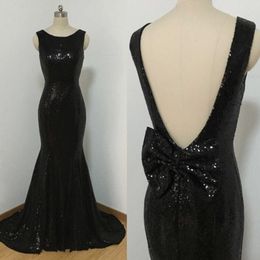 Black Sequined Dresses Cheap High Quality Sparkly Mermaid Prom Dress Long Formal Evening Party Gowns Bateau Neck Backless Dress with Bow