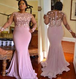 Plus Size Mother Of The Bride Dresses 3D Floral Appliques Beaded Jewel Neck Lace Wedding Guset Dress Long Sleeve Mother Gowns