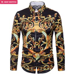 Luxury Design Gold Floral Print Men's Dress Shirts 2018 Brand New Slim Fit Long Sleeve Shirt Men Casual Stylish Chemise Homme