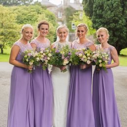 Purple Lace Cheap Bridesmaid Dresses Jewel Neck Floor Length Pleats A Line Tiered Tulle Sweep Train Maid Of Honour Dress Brautjungfer Kleider
