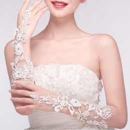 Elegant White Lace Wedding Gloves Fingless with Beads One Size 1Piece Free Shipping In Stock