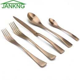 JANKNG 5Pcs/Lot Black Stainless Steel Dinnerware Set Matte Rose Steak Knife Table Fork Teaspoons Tableware Cutlery Set for 1