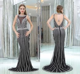 Mermaid Round Neck Party Dresses Newest Beaded Crystal Sexy Backless Party Fitted Prom Dresses Evening Gowns Formal Gown Custom Made HY128