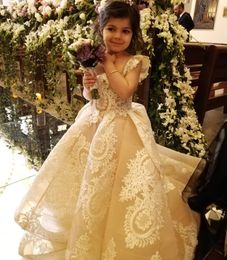 Lovely Lace Appliqued Flower Girls Dresses For Weddings Square Neck Pleated Organza Toddler Pageant Gowns A Line Sweep Train Kids Prom Dress