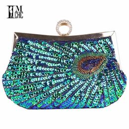 Vintage Peacock Pattern Women Evening Bags Sequins Beaded Rhinestones Deco Handbag Luxury Party Clutch Wedding Gift Bridal Purse Y18103004