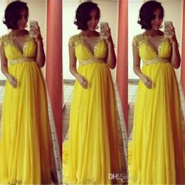 Bright Yellow Short Sleeves Chiffon Long Evening Dresses For Pregnant Maternity Women Formal Party Prom Gowns Empire Beads Crystal320J