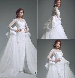 Gorgeous Mermaid Wedding Dresses With Detachable Skirt Jewel Neck Lace Applique Long Sleeve Bridal Gowns Custom Made Plus Size Wedding Dress