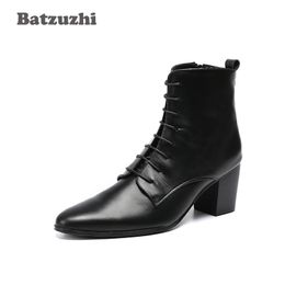 6.8cm High Heel Boots Men Black Genuine Leather Men's Ankle Boots Pointed Toe Lace-up Bota Masculina Dress Boots Men! Big Sizes US6-US12