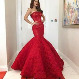 Fabulous Arabia Mermaid Prom Dresses Charming Strapless Zipper Floor Length Red Lace Party Dresses Sexy Long Formal Dress Evening Gowns