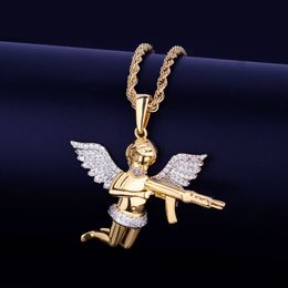 Angel Boy And Gun Necklace & Pendant Men's Hip hop Jewelry Bling Cubic Zircon Iced Out Three Color For Gift Freeshipping
