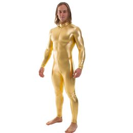 Nouveau Ensnovo hommes Latex costume noir brillant métallique collants sans tête Zentai costume corps complet Unitard personnalisé peau Body2392