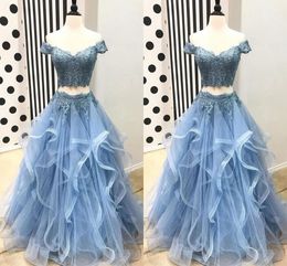 Off The Shoulder Evening Dresses Formal Dress 2019 Ruffles Lace Applique V-neck Short Sleeve Beaded Prom Gowns Women Ball Gowns Party