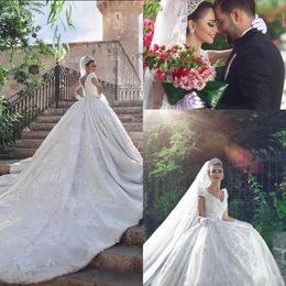 Ball Gown Wedding Dresses V Neck Full Lace 3D Floral Appliques Beaded Cap Sleeves Chapel Train Arabia Dubai Vestido Custom Bridal Gowns