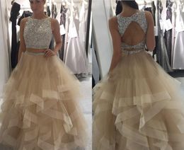 Champagne Ball Gown Prom Dresses Sparkly Sequins Beaded Top Tulle Tiered Skirt Keyhole Back Plus Size Backless Evening Party Dresses DH4096