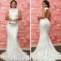 Lace Mermaid Evening Dresses High Neck Sleeveless Open Back Plus Size Prom Dresses Ivory Nude African Evening Gown Sexy Backless Party Dress