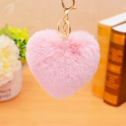 Cute Keychain Heart Pompom Key Chain Fluffy Gold Rabbit Fur Ball Car Bag Pompon Key Ring Pom Pom KeyRings Jewelry Women Female