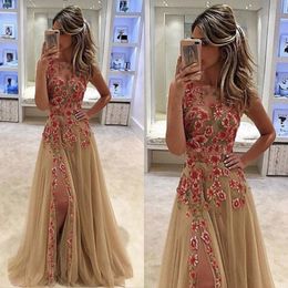 embroidery flower split prom dresses sexy jewel neck champagne evening gowns tulle a line plus size formal dress