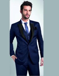 New Design Blue Slim Fit Groom Tuxedos Black Peak Lapel Centre Vent Groomsmen Mens Wedding Tuxedos Excellent Man Suit(Jacket+Pants+Vest+Tie)