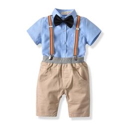 Europe Summer Baby Boys Set Bow Tie Kids Cottton Shirt + Suspender Shorts Boy 2pcs Clothing Suit Children Outfits W163