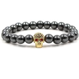 New 8mm Black Stone Hematite Bracelets Zircon Skull Helmet Beads Bangles For Women & Men Gift