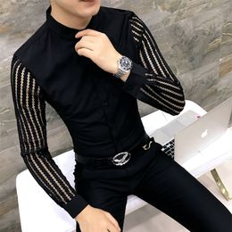 2018 New Arrival Autumn Mens Lace Shirt Party Prom See Throught Shirt Men Chemise Homme Social Club M-3XL Black White