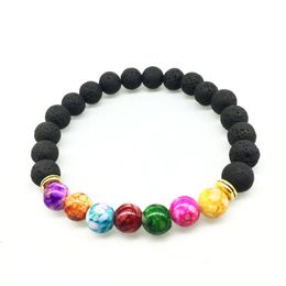 8MM Colourful Unisex Chakra Energy Bracelets Natural Black Lava Stone Beads Elastic Bracelet Essential Oil Diffuser Bracelet