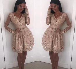 Lovely Homecoming Dresses V Neck Lace Applqiues Short Mini Prom Dress Party Wear Custom Made Long Sleeve Evening Gowns Special Occasion