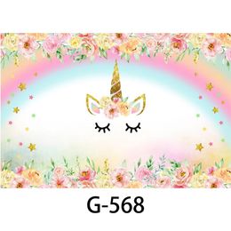 Rainbow Unicorn Backdrops Baby Shower Props Printed Flowers Stars Little Princess Girl's Birthday Party Photo Booth Background