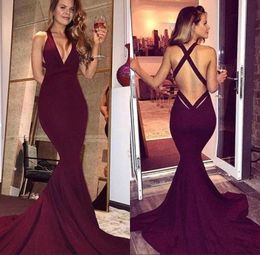 Seksi Bordo Gelinlik Modelleri Uzun 2017 Mermaid Backless Sweep Tren Basit Parti Törenlerinde Örgün Elbise Akşam Aşınma Ucuz