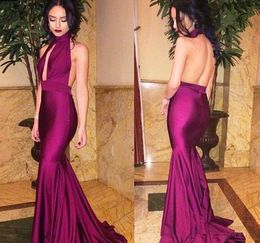 2019 Cheap Simple Purple Evening Dress Newest Halter Neck Backless Formal Holiday Wear Prom Party Gown Custom Made Plus Size