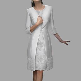 Elegant 2018 Mother Of The Bride Dresses With Long Jacket Jewel 3 4 Long Sleeve Formal Dress Lace Applique Knee Length Evening Gow2423