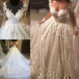 Sheer Long Sleeve Wedding Gown See Through Jewel Neck Floral Lace Appliques Bridal Dress Fluffy Tulle Ball Gown Wedding Dresses Plus Size