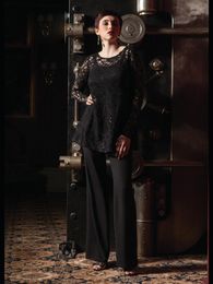 Cheap Black Lace Mother Of The Bride Pant Suits With Long Sleeves Sequined Wedding Guest Dress Chiffon Plus Size Mother Off Groom Dresses