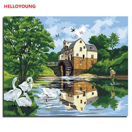 Lakeside Landscape House DIY Painting By Numbers Handpainted Canvas Oil Painting Unique For Christmas Decoration Artwork