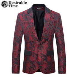 Desirable Time Mens Red and Blue Floral Blazer Jacket Slim Fit Big Sizes M-5XL One Button Stage Jacket for Men DT142