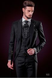 New Arrivals One Button Black Groom Tuxedos Groomsmen Peak Lapel Best Man Blazer Mens Wedding Suits (Jacket+Pants+Vest+Tie) H:873