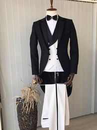 Morning Style Black Tailcoat Groom Tuxedos Eiegant Men Wedding Wear High Quality Men Formal Prom Party Suit(Jacket+Pants+Tie+Vest) 982