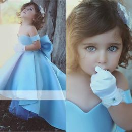 Light Blue Toddler Girls Pageant Dress Fashion High-Low Off Shoulder Flower Girl Dresses Lovely Bow Back First Communion Dresses