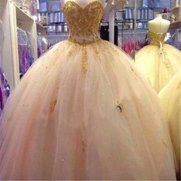 2019 New Luxurious Gold Applique Ball Gown Quinceanera Dresses Crystals For 15 Years Sweet 16 Plus Size Pageant Prom Party Gown QC1032