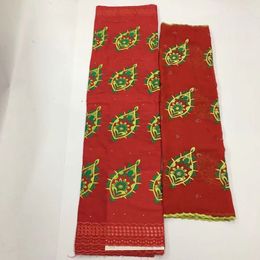 5Yards Beautiful red african mesh cotton fabric embroidery and 2Yards flower scarf french net lace set for dress HS6-1