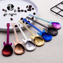 Steel Creative Stainless Coffee Spoons Guitar Violin Shape Dessert Stirring Spoon Lovely Titanium Plated Ice Scoop