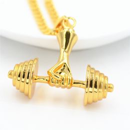 New Style Fashion Men Jewellery Dumbbell Bling Rhinestone Fitness Pendant Crystal Necklace Vintage Gold Hip Hop Men Women Gift